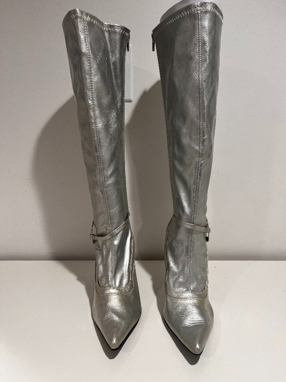 Delicious Silver Metallic Knee High Stiletto Boots Size 10 Halloween Y2K